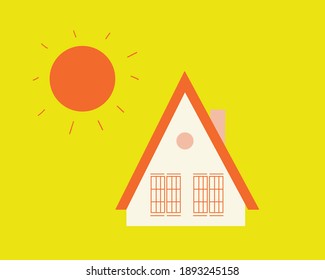 A house with a sun close. The background is yellow. Vector illustration. 