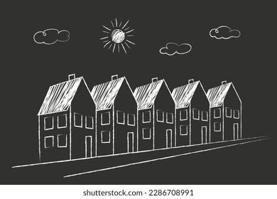 House, sun, clouds. doodles are drawn by a child's hand with chalk on asphalt or on a school board.
