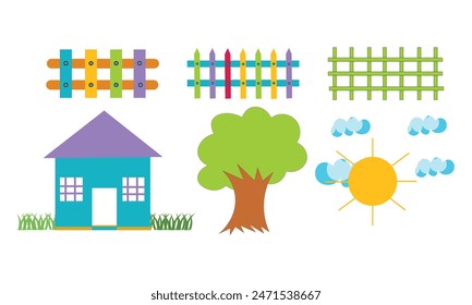 house sun fence tree cloud grass vector illustration for kids.