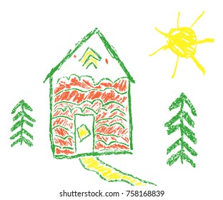 House, sun, fir-tree wax crayon like child`s hand drawn. Pastel chalk or pencil like kid`s hand painting cute funny art spring and summer country village style. Vector background banner.
