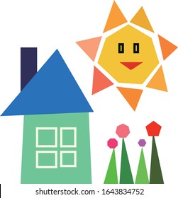 house sun and flowers by several shapes triangle square pentagon hexagon 