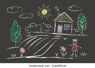 House, Sun, girl, tree, flower - doodle drawings are drawn by child's hand in chalk on the asphalt or on the school blackboard. White lines and color coloring on black blue background