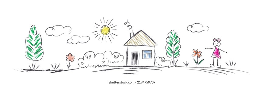 House, Sun, girl, tree, flower - scribbles are drawn by a child's hand with colored pencils. Black lines and coloring on a white background