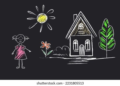 House, Sun, girl, tree, flower - doodle drawings are drawn by child's hand in chalk on the asphalt or on the school blackboard. White lines and color coloring on black blue background