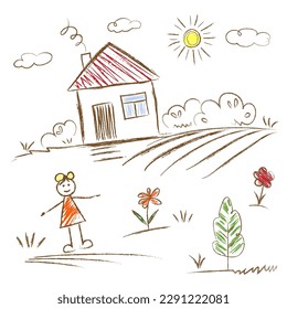House, Sun, girl, tree, flower - scribbles are drawn by a child's hand with chalk on asphalt or on a blackboard. Colored lines and coloring on a white background