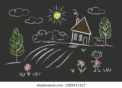 Haus, Sonne, Mädchen, Baum, Blumen - Doodle Zeichnungen werden von der Hand der Kinder in Kreide auf dem Asphalt oder auf der Schultafel gezeichnet. Weiße Linien und Farben auf schwarz-blauem Hintergrund