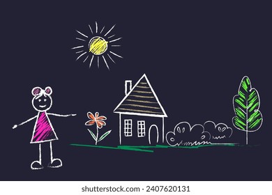 Los dibujos de la casa, el sol, la niña, el árbol, la flor - el doodle se dibujan con la mano del niño en tiza sobre el asfalto o en la pizarra de la escuela. Líneas blancas y color de fondo azul negro