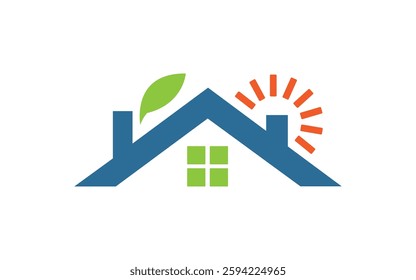 House sun and leaf Real Estate logo Home technology logo design concept vector art and illustration
