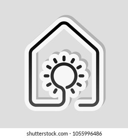 house with sun or light lamp icon. line style. Sticker style with white border and simple shadow on gray background
