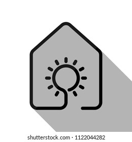 house with sun or light lamp icon. line style. Black object with long shadow on white background