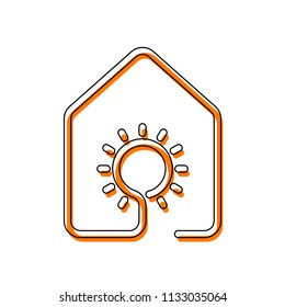 house with sun or light lamp icon. line style. Isolated icon consisting of black thin contour and orange moved filling on different layers. White background