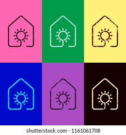 house with sun or light lamp icon. line style. Pop art style. Scratched icons on 6 colour backgrounds. Seamless pattern