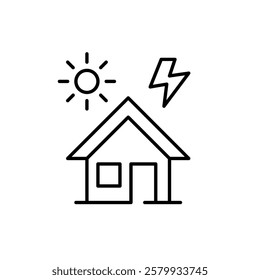 House, sun and lightning. Renewable energy, electricity power. Sustainable eco-friendly living. Pixel perfect vector icon