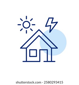 House, sun and lightning. Renewable energy, electricity power. Sustainable eco-friendly living. Pixel perfect, editable stroke icon