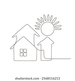 house and sun line art. continuous line house