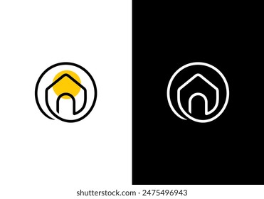 house with sun logo. circle home linear style vector design
