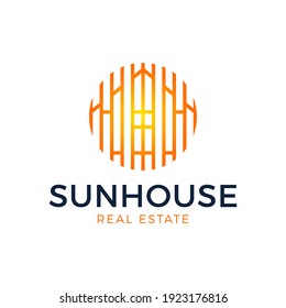 Logo de House sun. Señal de icono de construcción inmobiliaria vectorial. Símbolo solar del hogar emblema en círculo. Ilustración de la etiqueta de la carcasa solar