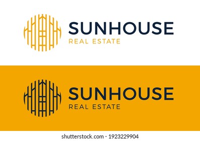 Logo de House sun. Señal de icono de construcción inmobiliaria vectorial. Símbolo solar del hogar emblema en círculo. Ilustración de la etiqueta de la carcasa solar