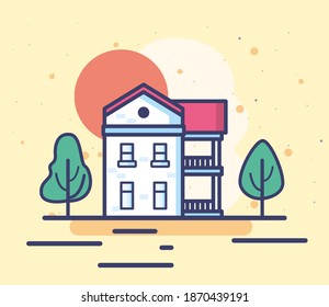 House and sun on yellow background line and fill style icon design, Home real estate building theme Vector illustration