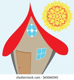house and sun over blue background, abstract vector art illustration