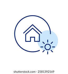 House and sun. Solar energy, sustainable power, smart home temperature and lightning control. Pixel perfect, editable stroke icon