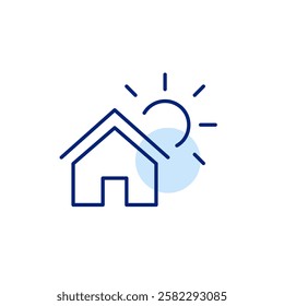 House and sun. Solar heating and cooling, self-sufficient housing. Solar-powered buildings. Pixel perfect, editable stroke icon 