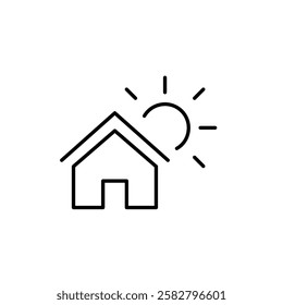 House and sun. Solar heating and cooling, self-sufficient housing. Solar-powered buildings. Pixel perfect vector icon 