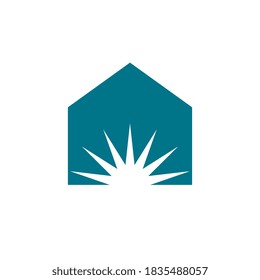 House with sun symbol, flat logo design, vector illustration