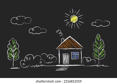 House, Sun, tree - doodle drawings are drawn by child's hand in chalk on the asphalt or on the school blackboard. White lines and color coloring on black blue background