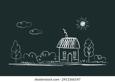 House, Sun, tree - doodle drawings are drawn by child's hand in chalk on the asphalt or on the school blackboard. White lines and color coloring on black blue background