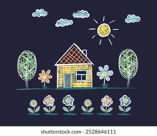 House, Sun, tree, flower drawings made by a child's hand with chalk on asphalt or a school blackboard. White lines and colors on a black and green background