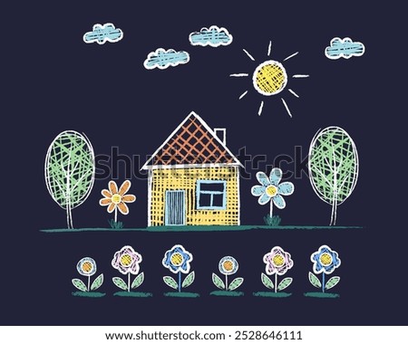 House, Sun, tree, flower drawings made by a child's hand with chalk on asphalt or a school blackboard. White lines and colors on a black and green background