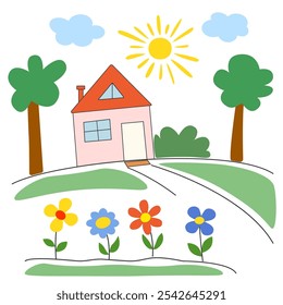 House, sun, trees, flowers - pictures drawn by children's hand. Illustration for children, wallpaper for children's room. Color paper cutout on white background