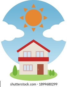 House with sunny blue sky and red roof