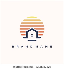 house and sunset in circle vector logo