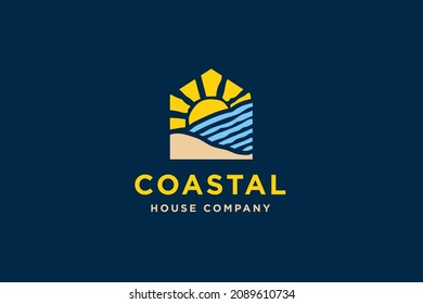 House with sunset or sunrise beach logo design vector illustration.