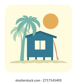Haus, Surfbrett und Palmen. Farbige Silhouette. Vorder- und Seitenansicht. Vektorgrafik mit einfacher flacher Grafik. Isoliertes Objekt auf weißem Hintergrund.