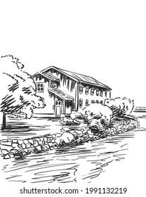 Casa rodeada de arbustos y árboles junto al río, Esbozo vectorial, ilustración de mano, edificio de dos plantas en el campo