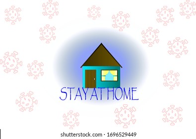 A house surrounded by corona virus with stay at home message.