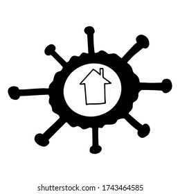 The house is surrounded by a coronavirus-Doodle illustration.Outline drawing by hand.Black and white illustration.Monochrome design.Vector image
