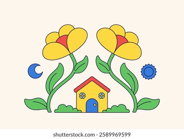 House surrounded by giant flowers, sun, and a moon cartoon illustration vector hand drawn perfect for eco house, garden house