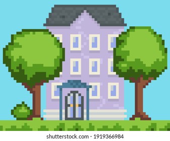 Haus umgeben von Grünflächen und Pflanzen. Appartementhaus mit vielen Fenstern für Pixelspiel. Panorama-Architektur. Layout der mobilen App, Computer pixeliges Spiel. Alte Architektur