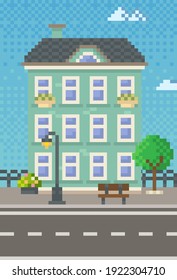 Casa rodeada de espacios verdes y plantas. Edificio de apartamentos con muchas ventanas para juego de píxeles. Arquitectura panorama. Diseño de la aplicación móvil, videojuego pixelado por ordenador. Vieja construcción arquitectónica