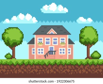 Haus umgeben von Grünflächen und Pflanzen. Appartementhaus mit vielen Fenstern für Pixelspiel. Panorama-Architektur. Layout der mobilen App, Computer pixeliges Spiel. Alte Architektur