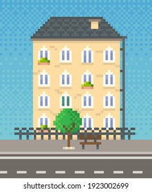 House surrounded by green spaces and plants. Apartment building with many windows for pixel game. Panorama architecture. Layout of mobile app, computer pixelated game. Old architectural construction