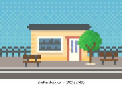 House surrounded by green spaces and plants. Apartment building with many windows for pixel game. Panorama architecture. Layout of mobile app, computer pixelated game. Old architectural construction