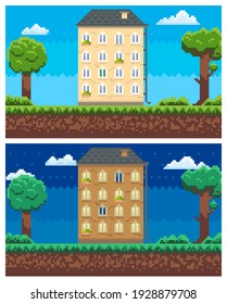 House surrounded by green spaces and plants. Apartment building with many windows for pixel game. Panorama architecture. Layout of mobile app, computer pixelated game. Old architectural construction