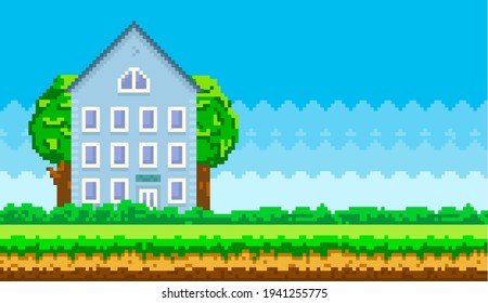 House surrounded by green spaces and plants. Building with many windows for pixel game design