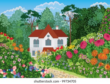 The house surrounded by lush blossoming garden. All objects are grouped.