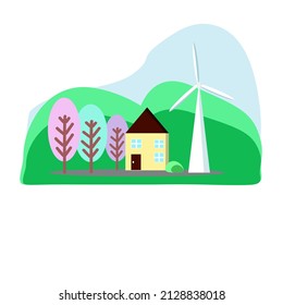 A house surrounded by nature with turbines to generate electricity, mountains and trees of various colors